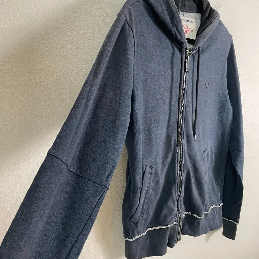 True Religion Mens Small Navy Zip‎ Up Hoodie Jacket Distressed